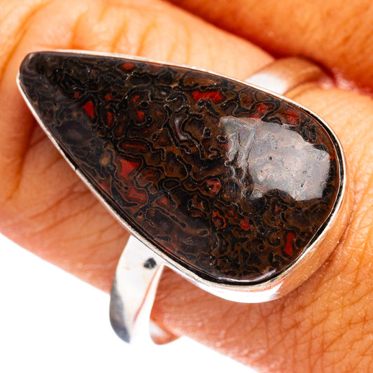 Sterling silver dinosaur bone ring face in dark brown with red speckle