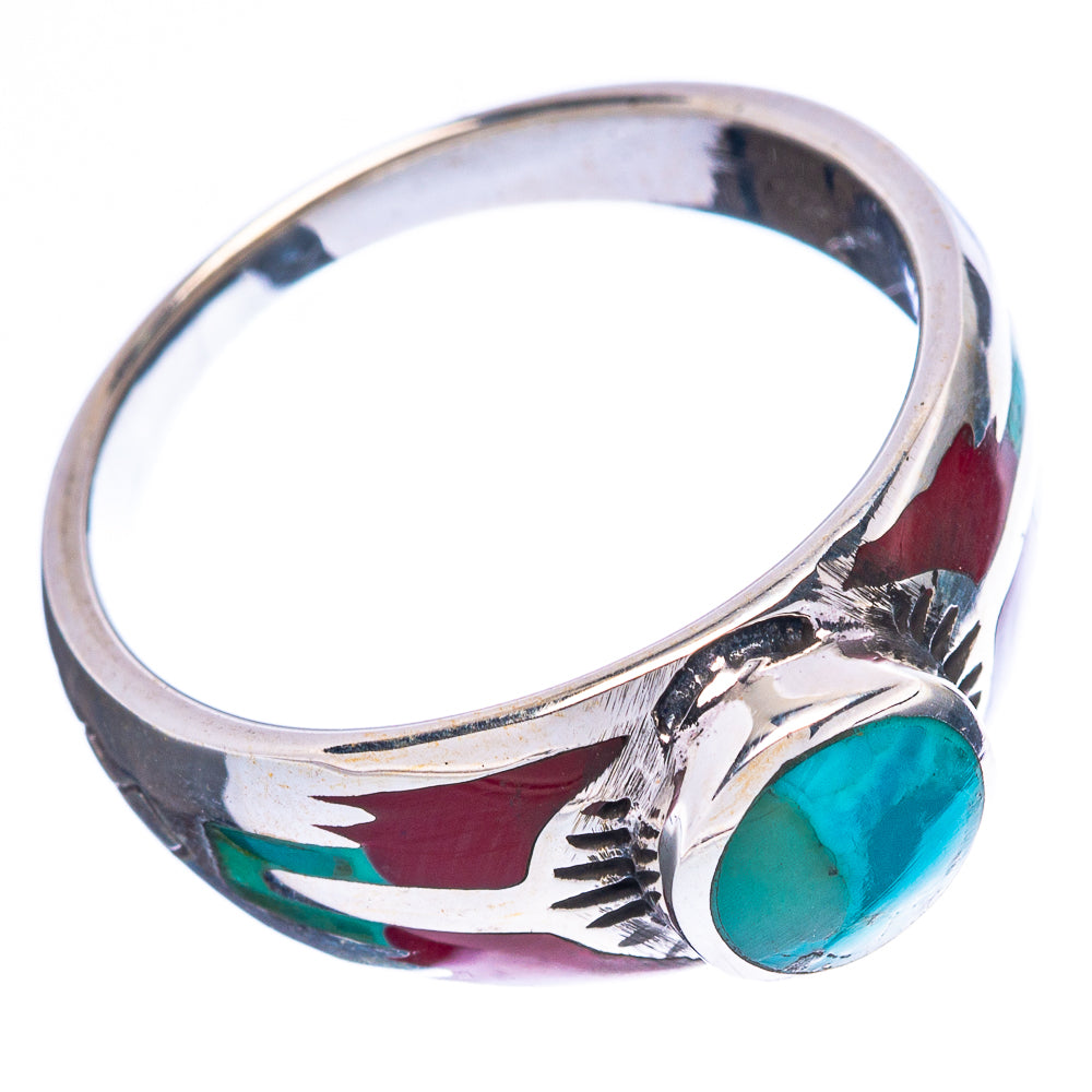 Turquoise cabochon ring in sterling silver with red/green enamel accents