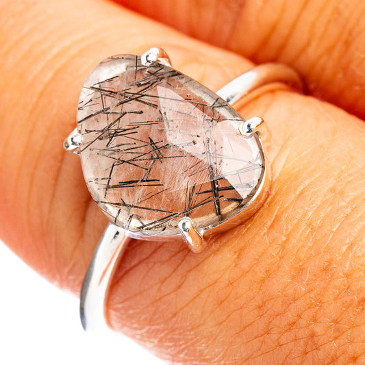 Faceted tourmalinated quartz ring with pear gemstone, 4-prong sterling silver setting