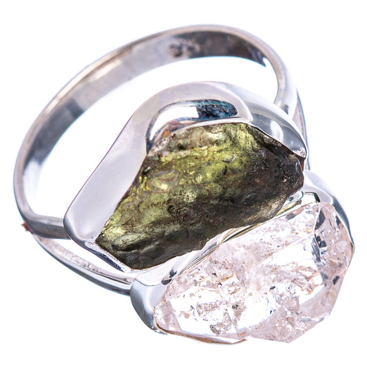 Sterling silver ring with greenish rough stone and clear faceted crystal bezel setting