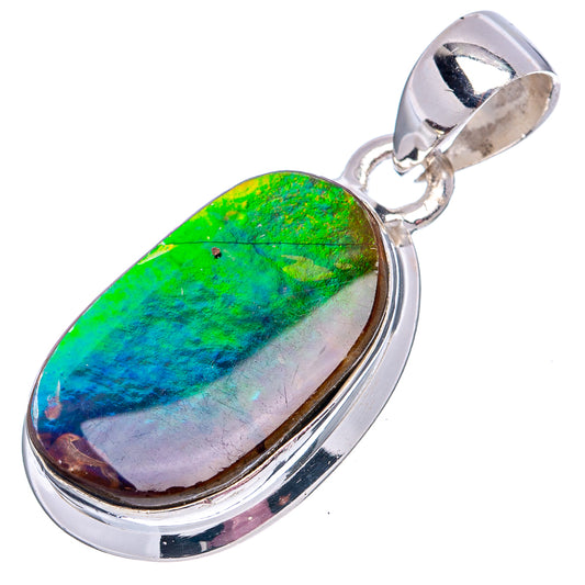 Sterling silver ammolite pendant oval bezel with bright green-blue iridescent glow
