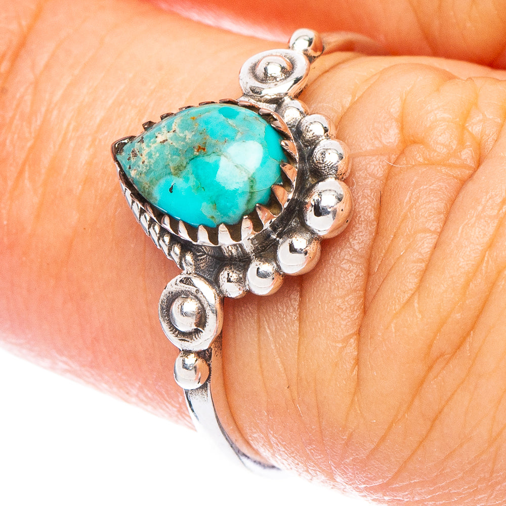 Sterling silver turquoise cabochon ring with ornate beaded bezel, size 6
