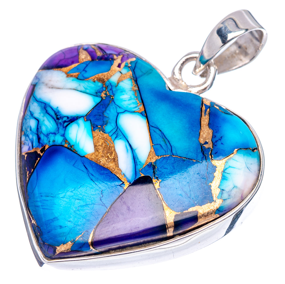 Premium Purple Dahlia Turquoise Heart Pendant 1 1/2" (.925 Sterling Silver)