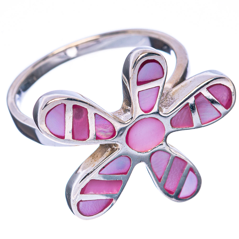 Sterling silver flower ring with pink mother-of-pearl inlay, swirl leaf-like details