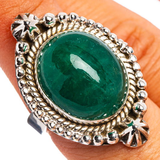 Oval green emerald cabochon ring in .925 sterling silver with beaded border