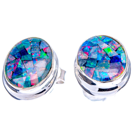 Pair of round opal mosaic stud earrings in .925 sterling silver, iridescent blue-red sheen