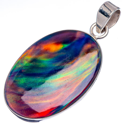 Large oval iridescent opal pendant with polished .925 sterling silver bail