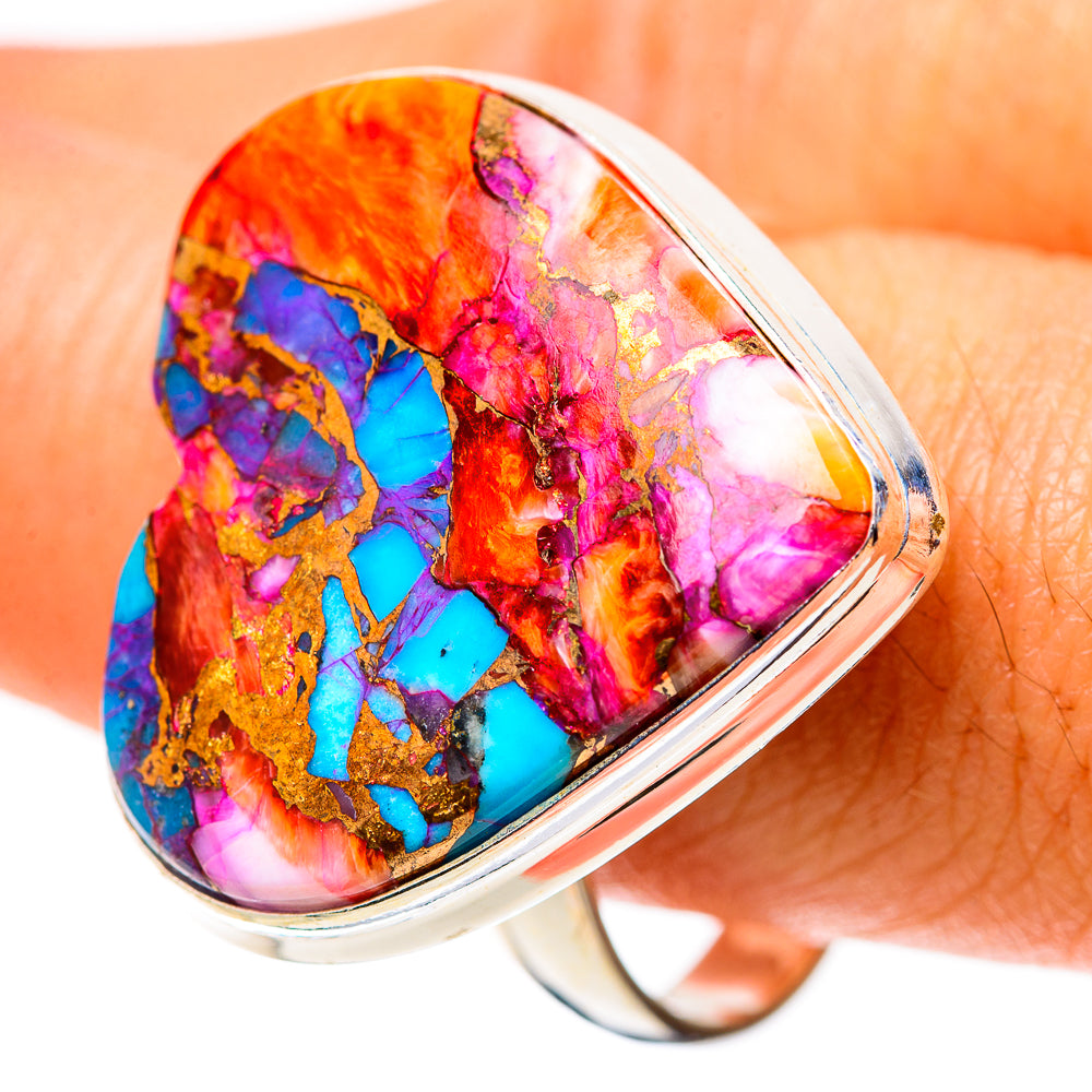 Sterling silver heart-shaped inlay ring with bright orange, blue, pink gemstone pattern