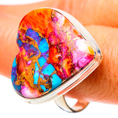 Sterling silver heart-shaped inlay ring with bright orange, blue, pink gemstone pattern