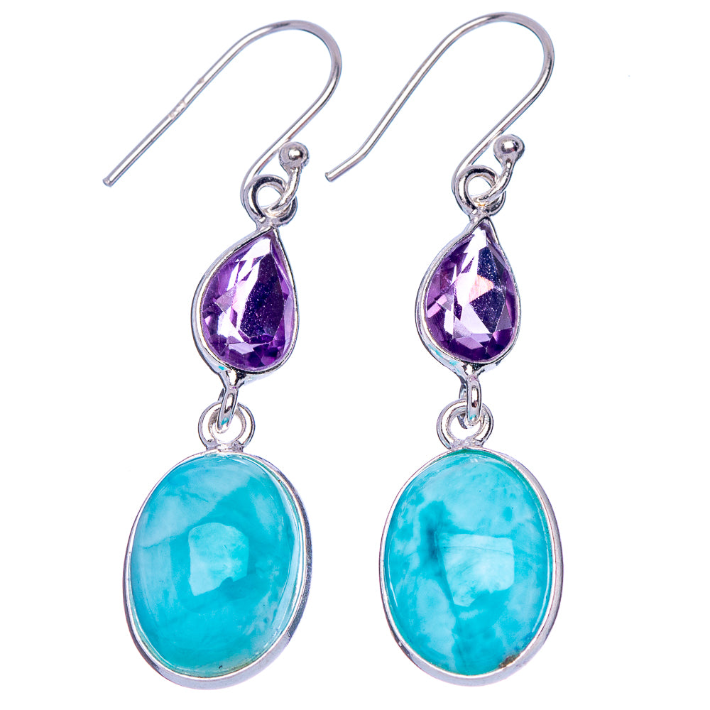 Sterling silver amethyst and larimar drop earrings, purple teardrop tops with blue stones