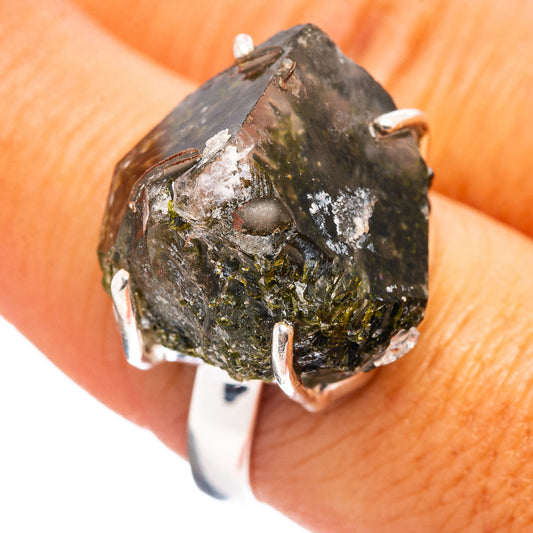 Raw epidote quartz ring, .925 sterling silver band with rugged green crystal stone