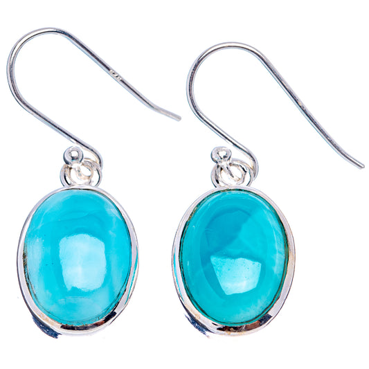 Blue oval stone drop earrings, .925 sterling silver teardrop settings on hooks