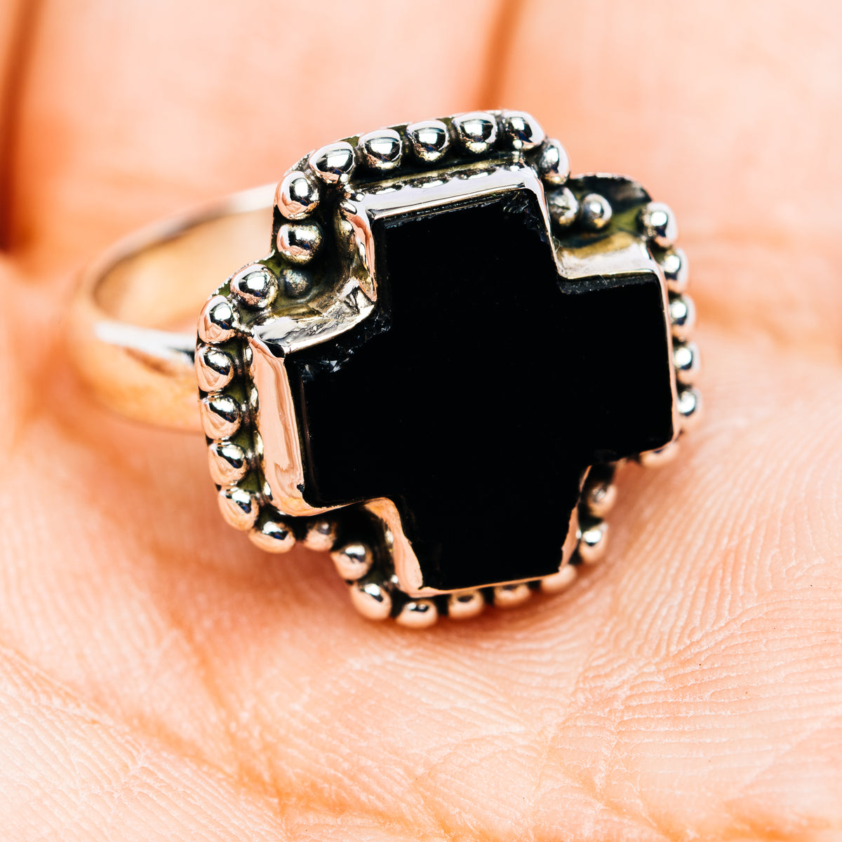 Southwestern Style Black Onyx Cross Ring Size 7.5 (.925 Sterling Silver)