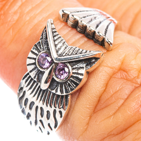 Sterling silver owl dainty ring with purple amethyst accents, adjustable band