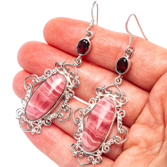 Pink oval stone filigree drop earrings with dark red accent stones, sterling silver hooks