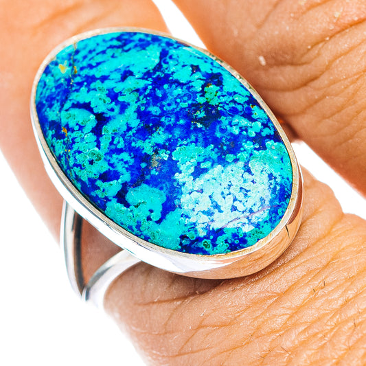 Oval blue-green azurite gemstone sterling silver ring, close-up view
