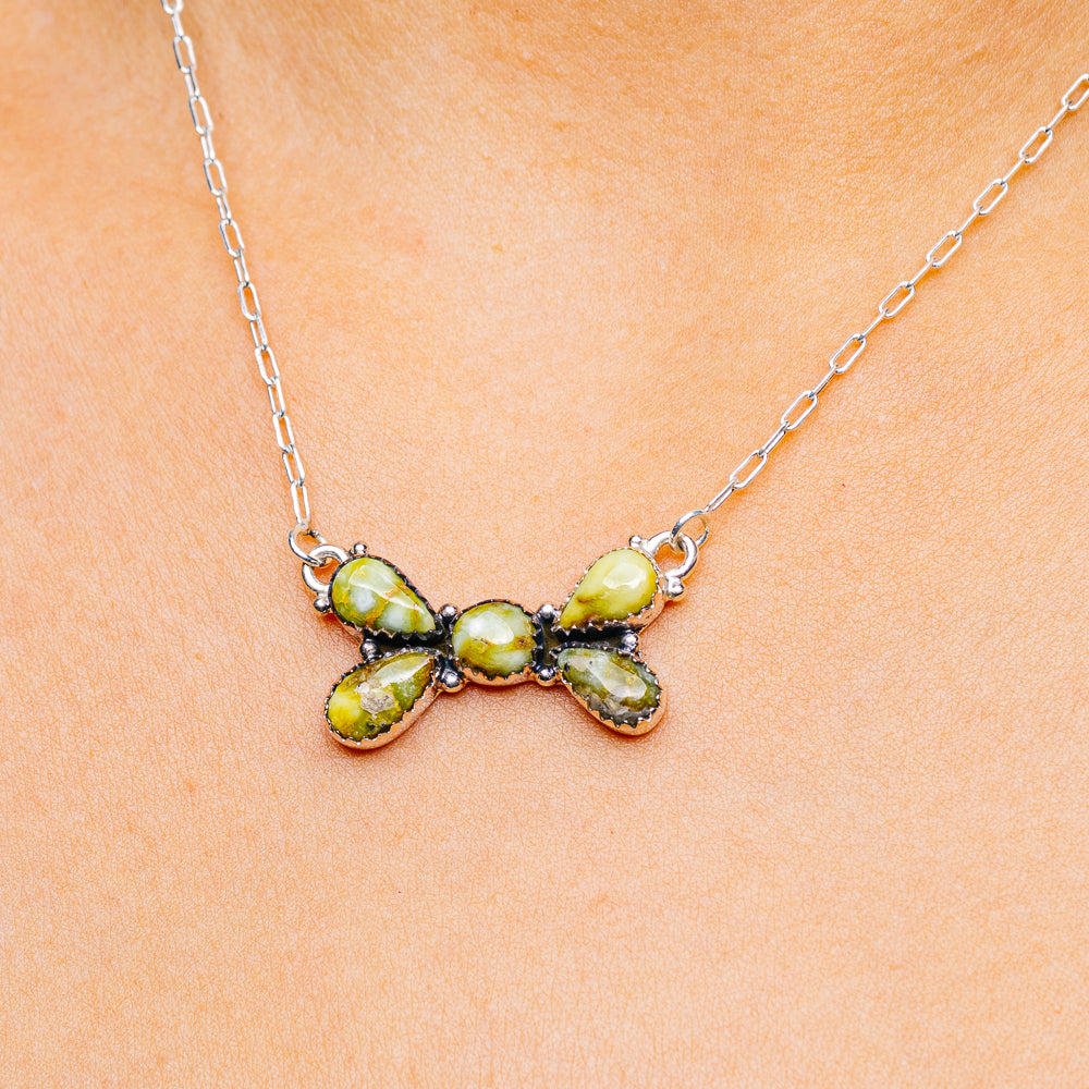 Turquoise bow pendant necklace, sterling silver chain with green gemstones (17–19 in)