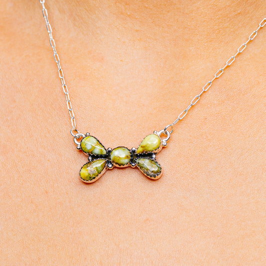Turquoise bow pendant necklace, sterling silver chain with green gemstones (17–19 in)