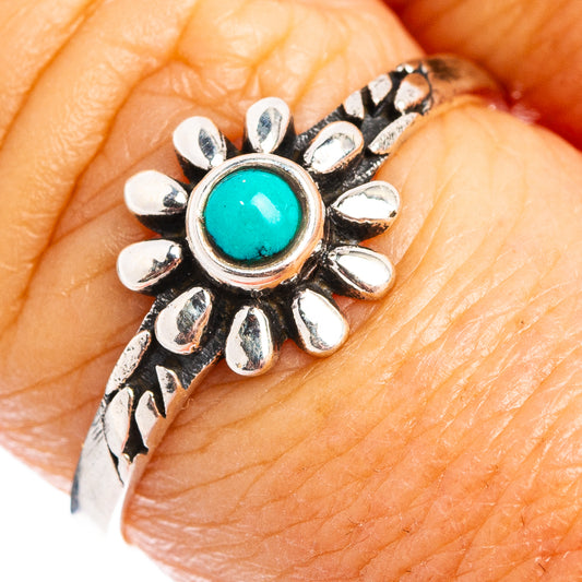 Turquoise flower dainty ring with round turquoise cabochon silver petal bezel