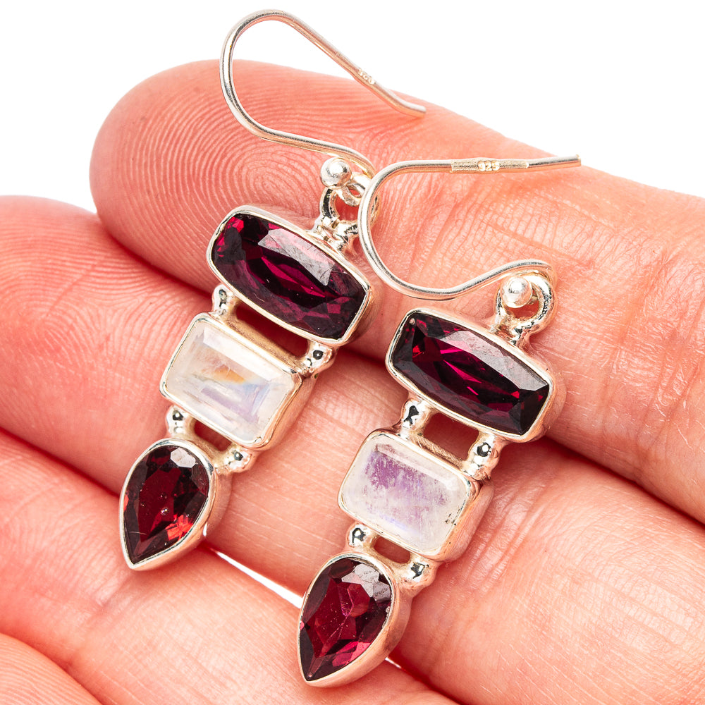 Garnet, Rainbow Moonstone 925 Sterling Silver Earrings 1 5/8" (925 Sterling Silver) E2100