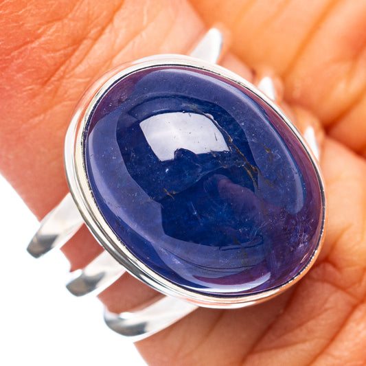 Oval blue tanzanite gemstone ring in .925 sterling silver, polished setting