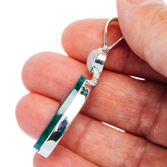 Sterling silver gemstone pendant side view with elongated green malachite-and-chrysocolla bezel
