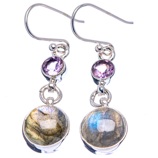 Sterling silver labradorite drop earrings with purple round accents and dangle links