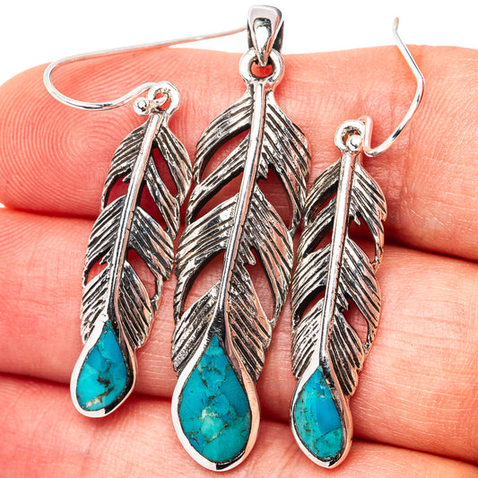 Turquoise teardrop feather earrings in sterling silver, three-piece set