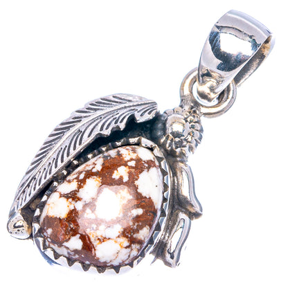 Sterling silver jasper pendant, oval brown-white wild horse stone with leaf bail