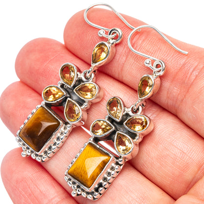 Premium Tiger Eye, Citrine Earrings 2 1/8" (925 Sterling Silver) E1631