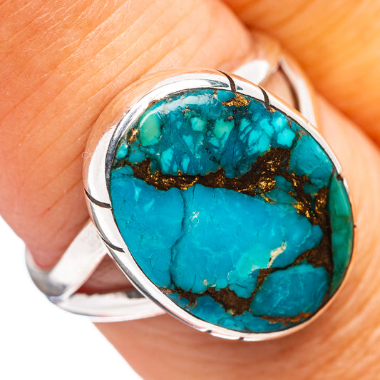 Turquoise cabochon ring in sterling silver, oval blue stone with copper matrix