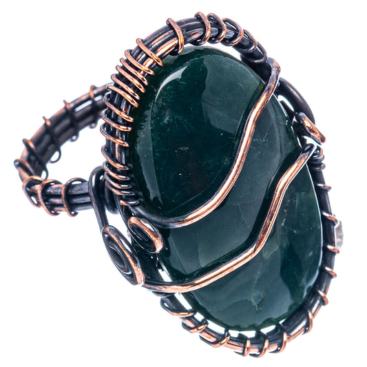 Oxidized copper wire-wrap ring with dark green oval ocean jasper center stone