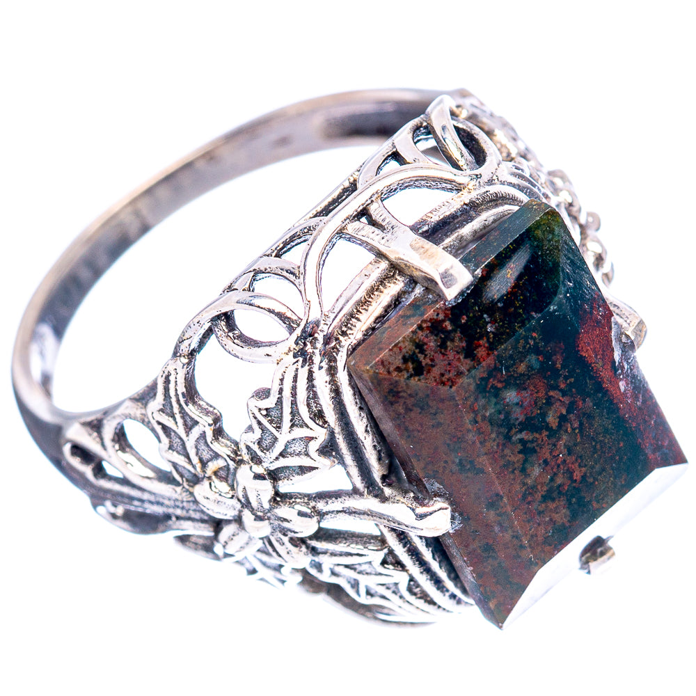 Sterling silver filigree ring with square dark speckled gemstone and floral openwork band