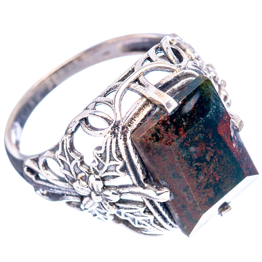 Sterling silver filigree ring with square dark speckled gemstone and floral openwork band