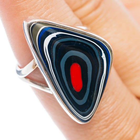 Sterling silver triangular ring with blue and black marbled center and red oval inset
