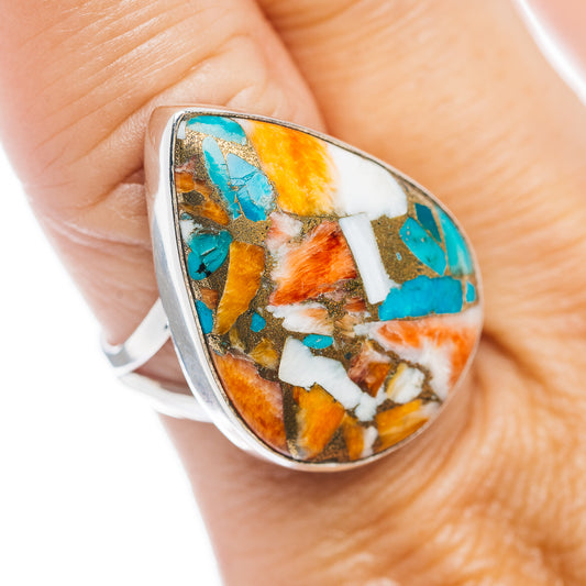 Sterling silver ring with spiny oyster mosaic teardrop cabochon, turquoise and orange