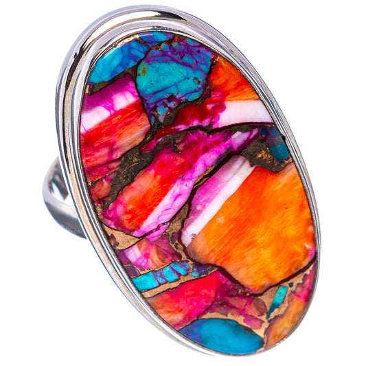 Oval mosaic inlay sterling silver ring, colorful turquoise, magenta, orange oval center
