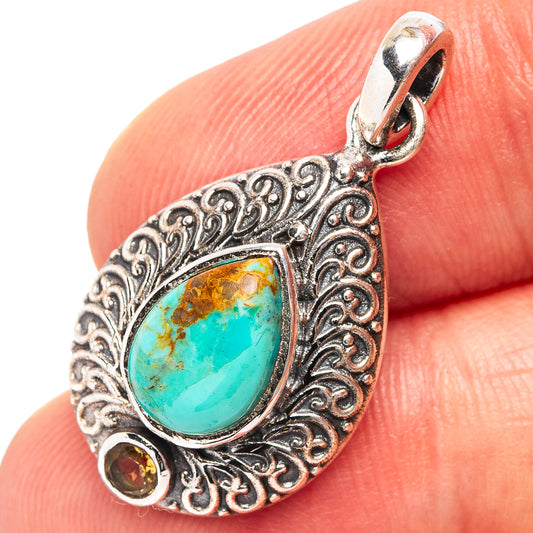 Turquoise and citrine teardrop pendant in .925 sterling silver filigree bezel.