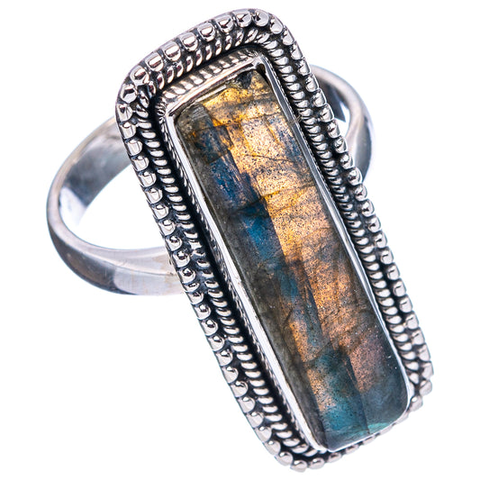 Sterling silver rectangular labradorite ring with blue flash stone and rope border, size 7