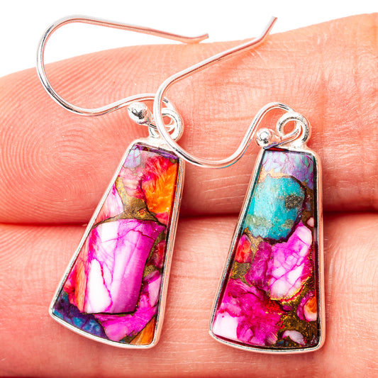 Sterling silver dangle earrings with pink and turquoise gemstone-style rectangle stones