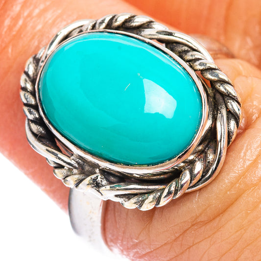 Turquoise oval cabochon sterling silver ring with twisted rope bezel, size 6.75