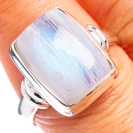 925 sterling silver ring with rectangular moonstone cabochon, blue sheen bezel