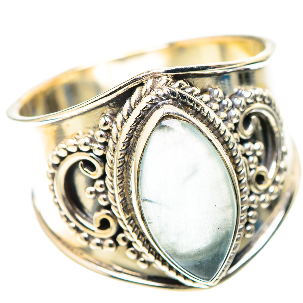 Sterling silver aquamarine oval cabochon ring with raised scroll filigree, size 9