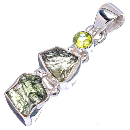 Sterling silver moldavite pendant with round peridot gemstone and faceted dark stone bars