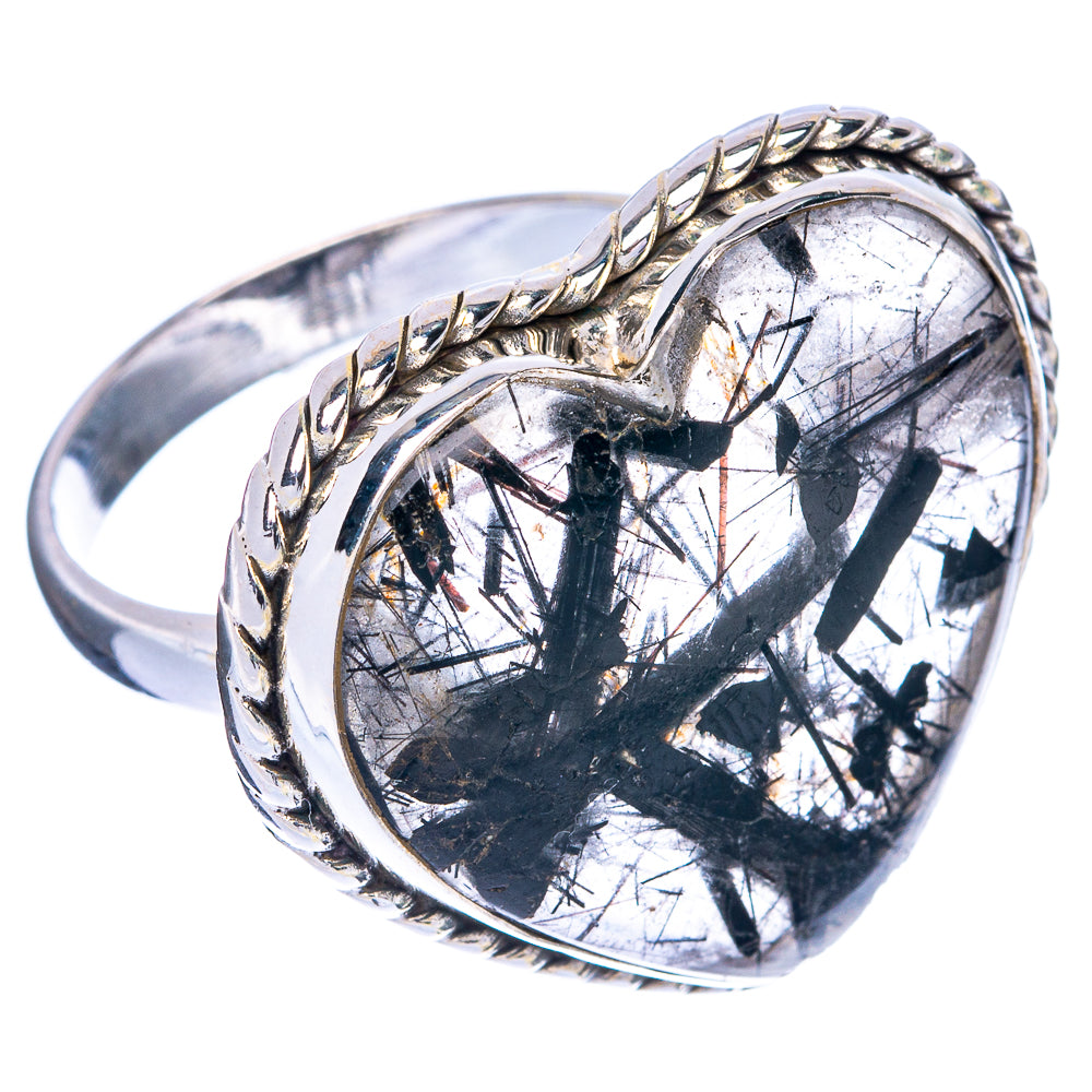 Sterling silver tourmalinated quartz ring, heart-shaped dark cabochon, twisted band