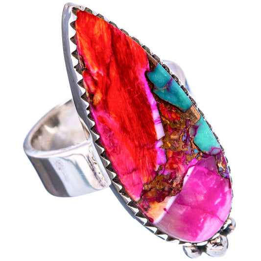 Sterling silver adjustable ring with multicolor teardrop gemstone and turquoise accent