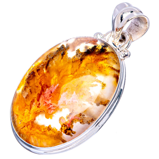 Oval plume agate pendant in sterling silver, showing orange, yellow, and red plume pattern