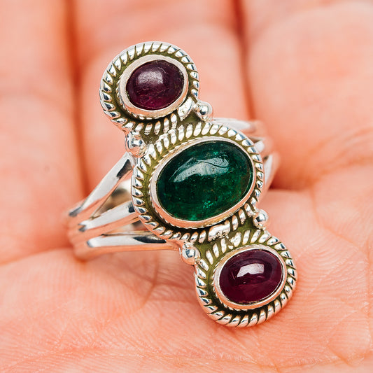 Zambian Emerald, Burmese Ruby Ring Size 9 (.925 Sterling Silver)