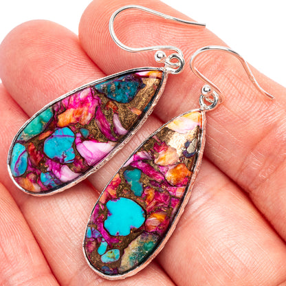 Sterling silver teardrop drop earrings showing bright pink and turquoise mosaic stone