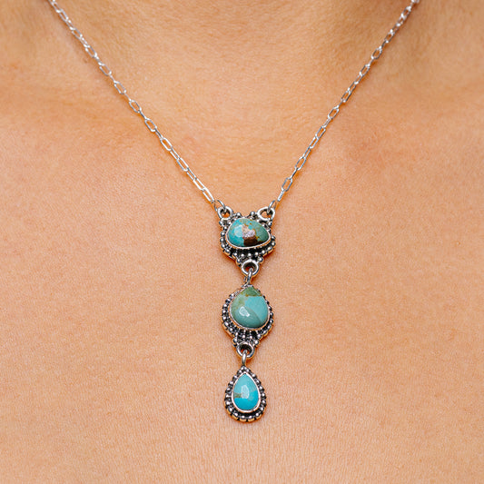 Mojave turquoise necklace with three oval turquoise cabochons on .925 silver chain